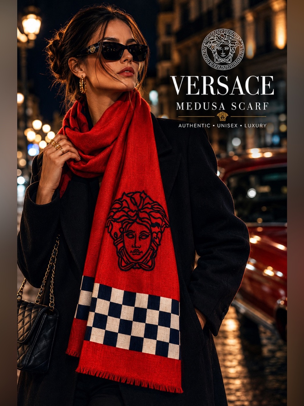 Versace Medusa Scarf | Red & Navy Statement Designer Scarf | Unisex Luxury